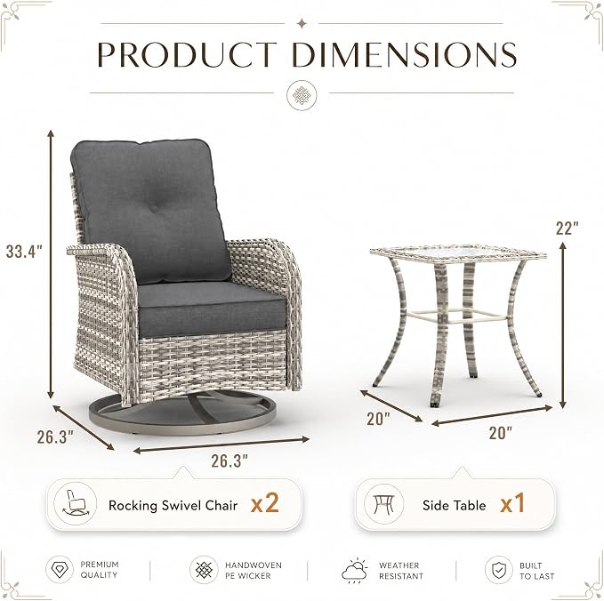 3-Piece Small Patio Furniture Set, Outdoor Swivel Rocking Chairs Set with Wicker Chairs and Tempered Glass Side Table, Outdoor Furniture Patio Bistro Set for Balcony, Deck, Porch