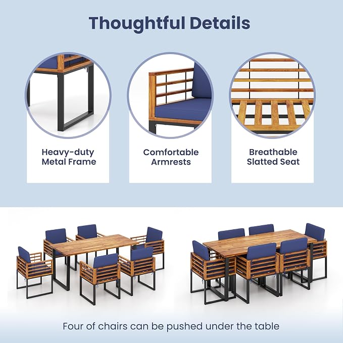 Tangkula 7 Piece Patio Dining Set, Acacia Wood Dining Chair & Table Set, 69” Spacious Tabletop with Umbrella Hole, Heavy-Duty Metal Support, Dining Set for Backyard, Poolside