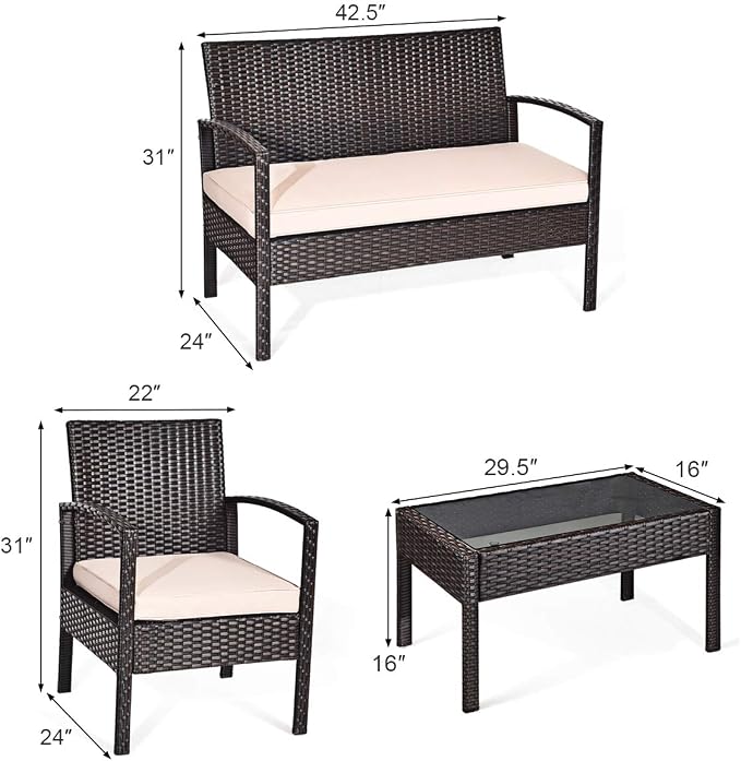 DORTALA 4 Piece Wicker Patio Furniture Set, Outdoor PE Rattan Conversation Set with Loveseat, Chairs & Coffee Table for Backyard Porch Garden Poolside Balcony
