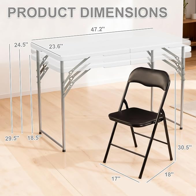 Elevon Folding Table Set with 4 Black Folding Chairs,4 Feet Heavy Duty Fold-in-Half Utility Table Sets for Picnic, Event, Training, Outdoor Activities, at Home and Commercial Use