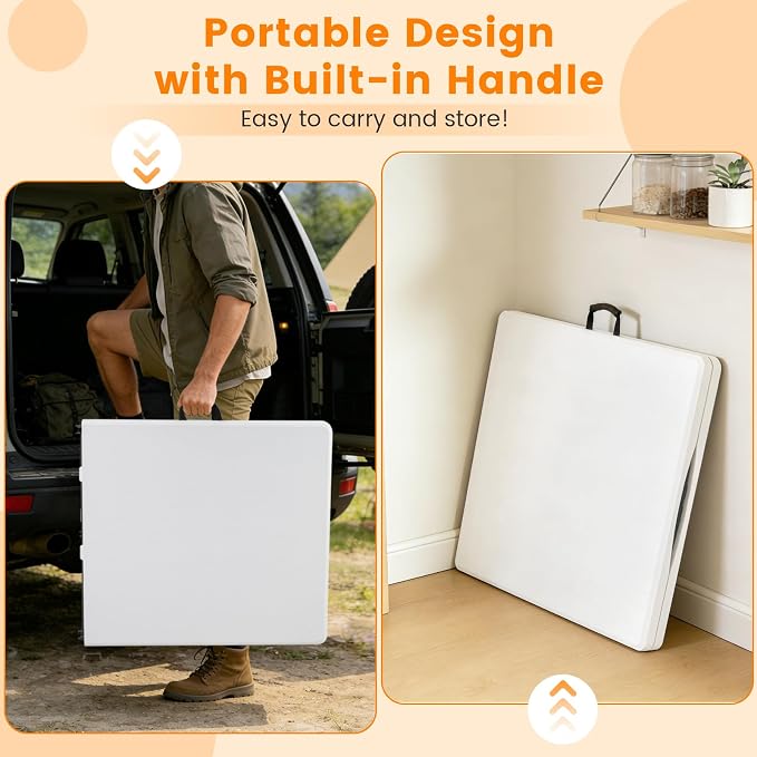 Giantex 5 FT Folding Table, HDPE Foldable Dining Table for 6, Indoor Outdoor Use for Party Banquet Wedding Picnic Camping BBQ, Fold-in-Half Portable Space Saving Design (White)