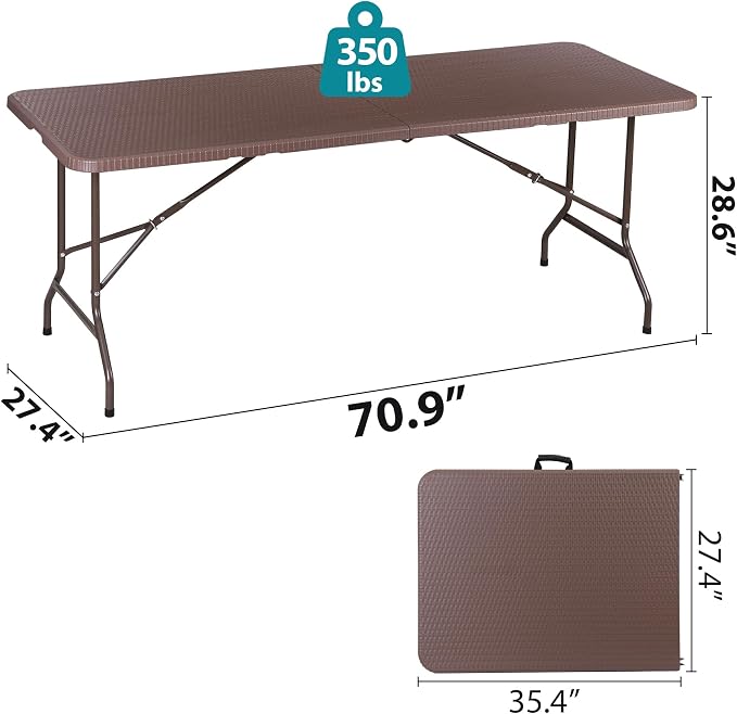 JupiterForce 6ft Plastic Folding Table, Indoor Outdoor Portable Heavy Duty Foldable Camping Table, Fold-in-Half Utility Table Dining Picnic Table for Party Wedding Event, Brown