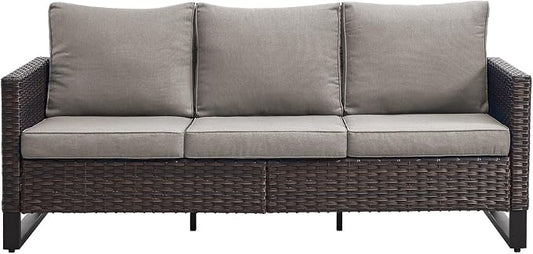 Belord Outdoor Couch Patio Furniture: Wicker Patio Sofa with Deep Seat High Back, 800Lbs Weight Capacity Oversize Outdoor Seating 3 Seater Rattan Couch, Anti-Rust Frame, Brown