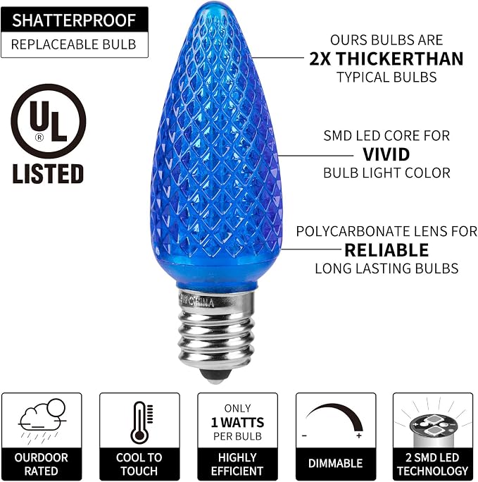 Brightown C9 Christmas String Lights, Blue and Pure White Commercia Outdoor Christmas Lights with 100 Strawberry C9 LED Bulbs, Waterproof Extendable UL Certified for Party Holiday Indoor Xmas Decor