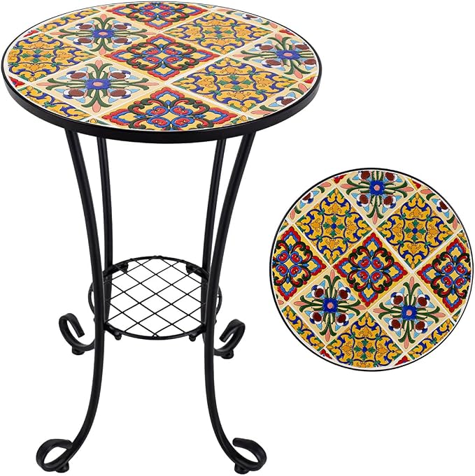 Mosaic Outdoor Side Table Small Round Patio Table Plant Stand | 21" Accent End Table with 14" Ceramic Tile Top for Small Spaces Porch Pool Garden Decor Indoor Living Room Bedroom Balcony