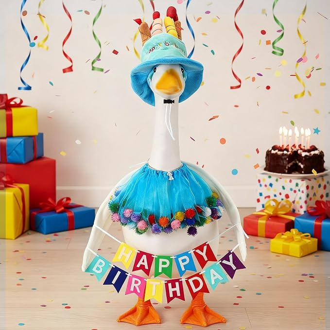 Abbylike 4 Pcs Happy Birthday Porch Goose Outfit for 23" Statues Poseable Porch Goose Wings Birthday Cake Hat for Lawn Patio Outdoor Geese Statue Decoration Accessories(Blue,Gauze Skirt Style)