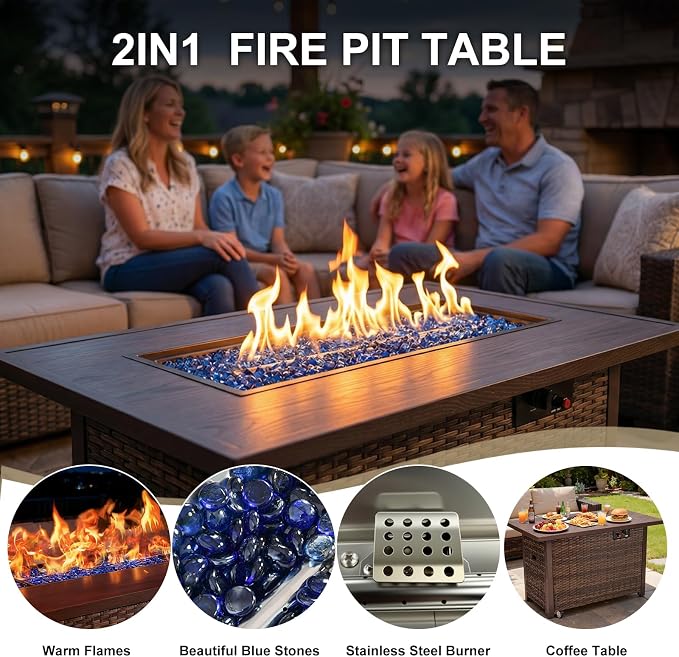 5 Pieces Patio Furniture Set with Fire Pit Table, Outdoor PE Rattan Sectional Sofa with Soft Cushions for Backyard, Porch, and Poolside (Beige, 5 PCS w/Firepit)
