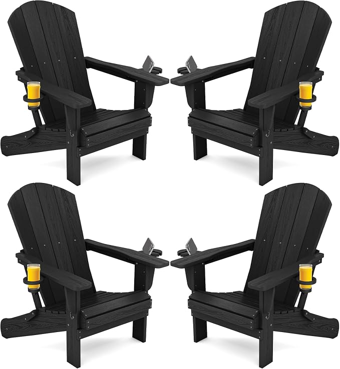 SERWALL Folding Adirondack Chairs with Dual Cup Holder, HDPE Adirondack Chairs Set of 4, Plastic Outdoor Chairs,Black