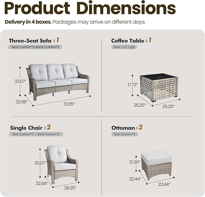 6 Piece Patio Furniture Set with Solar Lights Coffee Table, Outdoor Wicker High Back Sofa Chairs Ottomans with Cushions, All Weather Conversation Set for Backyard Porch Deck, Grey