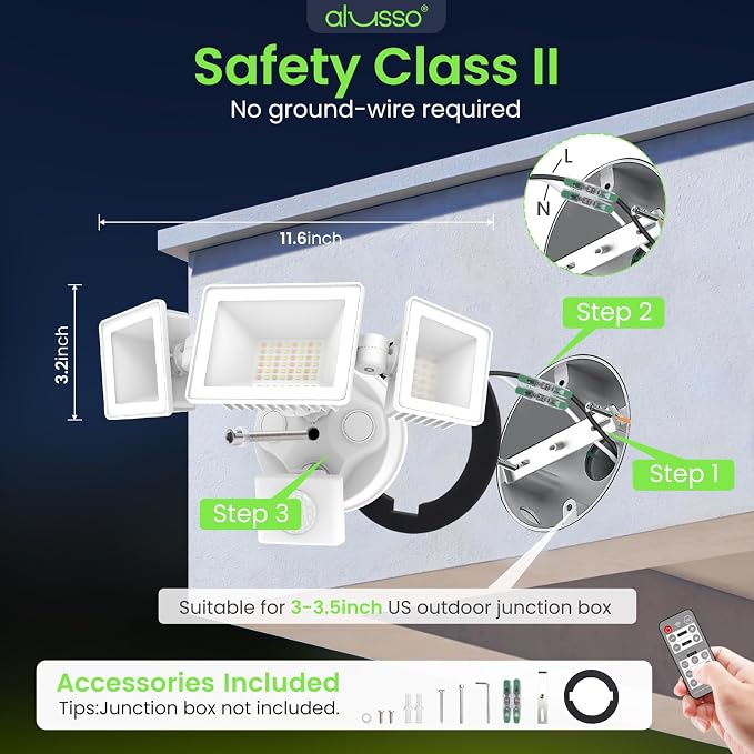 ALUSSO LED Security Lights Motion Sensor,120V 36W 3000LM Flood Lights Outdoor Motion Sensor with Remote, Dimmable Brightness 3000K-6000K IP65 3 Heads Outdoor Security Light for Garage Yard,White