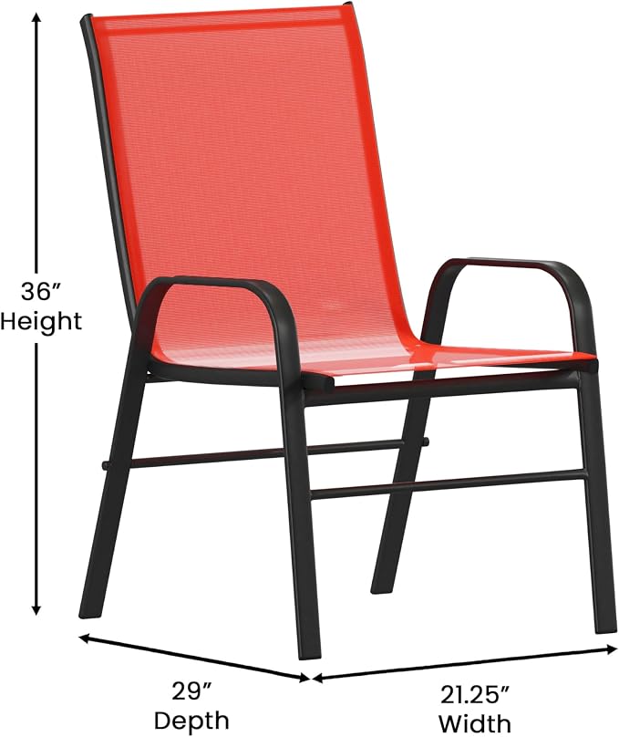 EMMA + OLIVER Seven Piece Indoor/Outdoor Dining Set - Metal Table with Tempered Glass Top - Six Red Flex Comfort Chairs- Umbrella Hole - All Weather