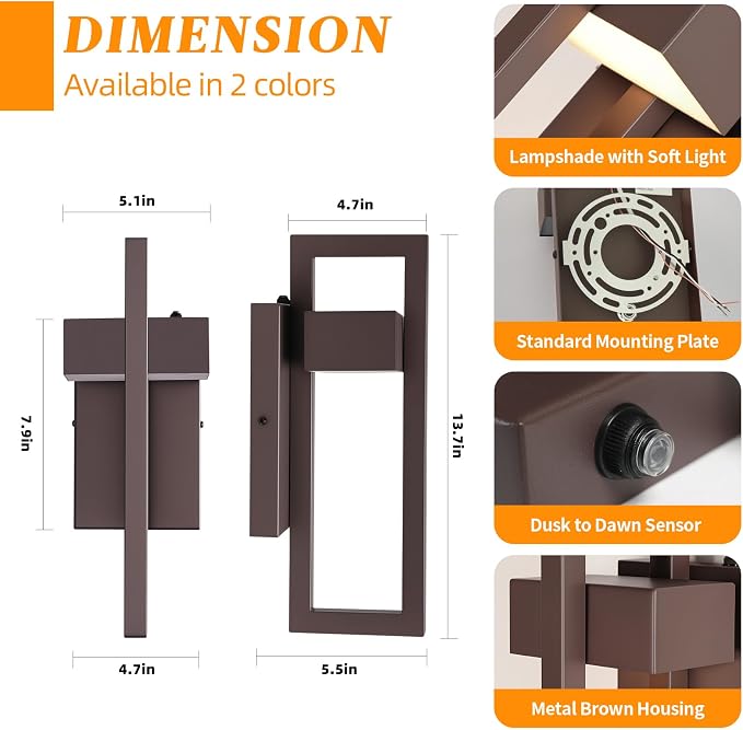 LED Outdoor Wall Sconce Dusk to Dawn Outdoor Lighting, Modern Exterior Lighting Fixtures, Brown LED Front Porch Lights Outside Wall Mount Lights for House, Hallway, Warm White 3000K, 1 Pack