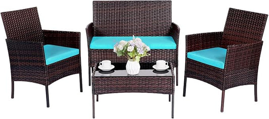 Patio Furniture Set 4 Pieces, Outdoor Rattan Furniture with Tempered Glass Coffee Table, Modern Rattan Patio Chairs Conversation Sets with Sofa for Garden, Terrace, Porch, Lawns Brown/Blue