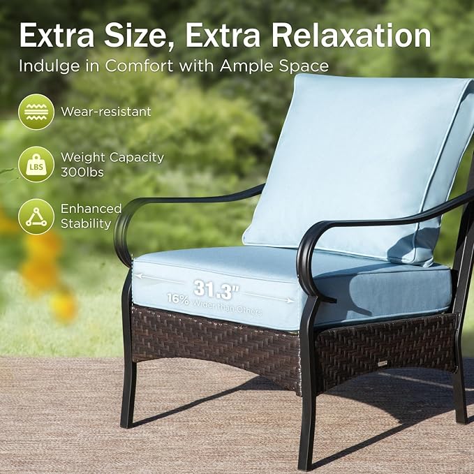 PHI VILLA Patio Furniture Set, Upgraded Wicker & Metal Modern Outdoor Conversation Sets Patio Sectional Fixed Chair Set with Coffee Table & Waterproof Thick Cushions for Porch, Deck(6 Pieces, Blue)