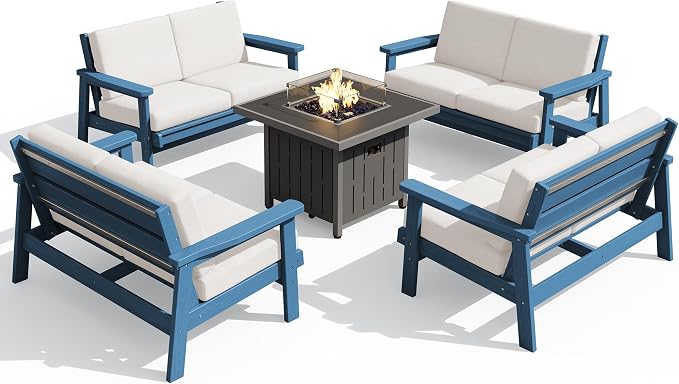 SERWALL Patio Furniture Set with 33” Fire Pit Table, HDPE Outdoor Sectional Sofa Set with Thickened Cushions, Blue Frame with Khaki Cushions