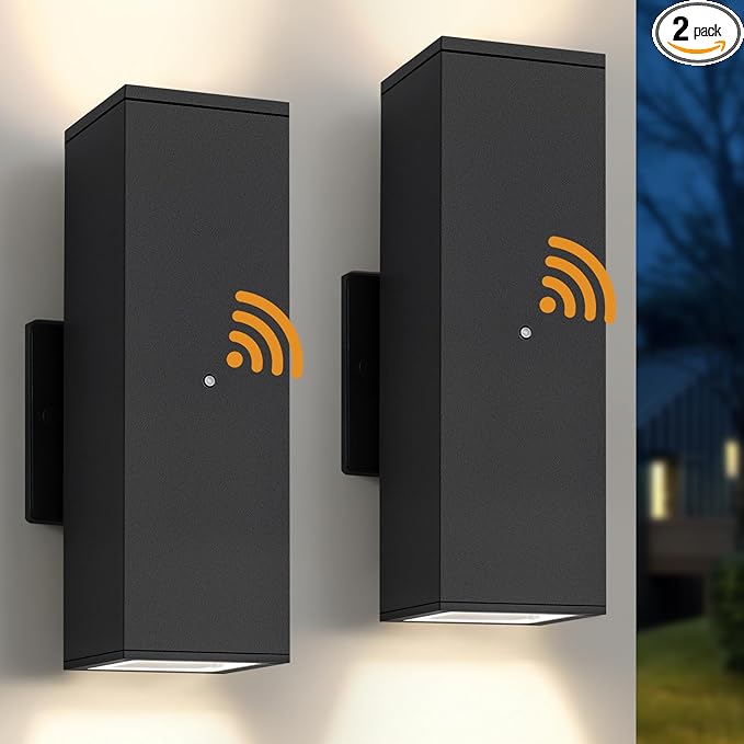 Dusk to Dawn Outdoor Lighting, LED Square Up and Down Outdoor Sconce Lights, Matte Black Exterior Lighting Fixtures with 7W LED Bulbs, Front Porch Lights for house, Garage, Patio, Doorway, 2 Pack