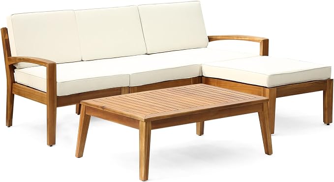JIVOIT L-Shape Outdoor Furniture Set, 3-Piece Acacia Sectional Patio Sofa Set with 3-Seater Sofa, Coffee Table and Ottoman, Conversation Set for Garden, Poolside, Backyard