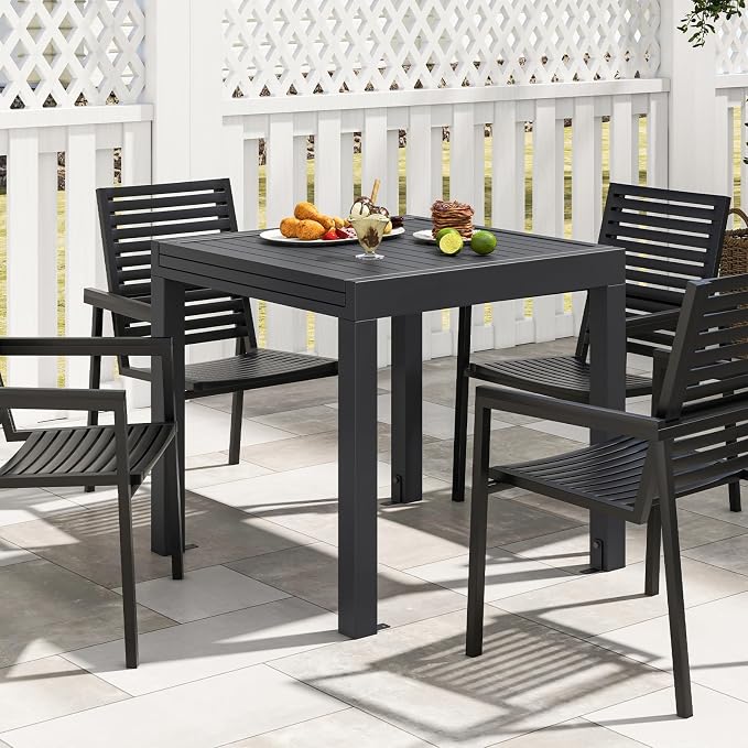 Giantex Expandable Patio Table, 31.5”-63” Extendable Aluminum Dining Table for 4-6 People, Slatted Tabletop, Square Rectangular Outdoor Table for Backyard, Front Porch, Poolside