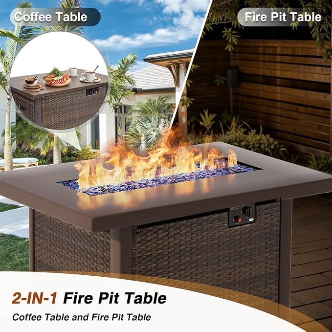Patio Furniture Set 5 Pieces with 44" Fire Pit Table, Rattan Outdoor Sectional Conversation Sets, All Weather Outdoor Furniture Set with Cushions for Garden Lawn Balcony Porch Deck Red