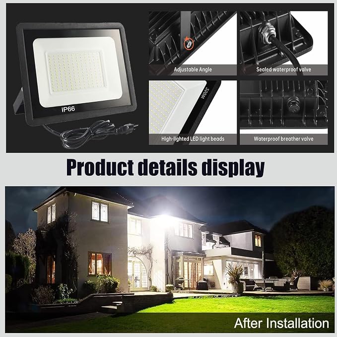 4Pack LED Flood Light Outdoor,250W LED Work Light 25500lm with 6FT US Plug,IP66 Waterproof Exterior Security Lights,6000K Daylight White Outside Floodlights Slim Design for Playground Yard