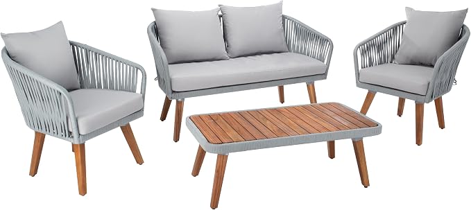 SAFAVIEH PAT7074A Outdoor Ransin Rope 4-Piece Seat Cushions and Pillows Included Patio Set