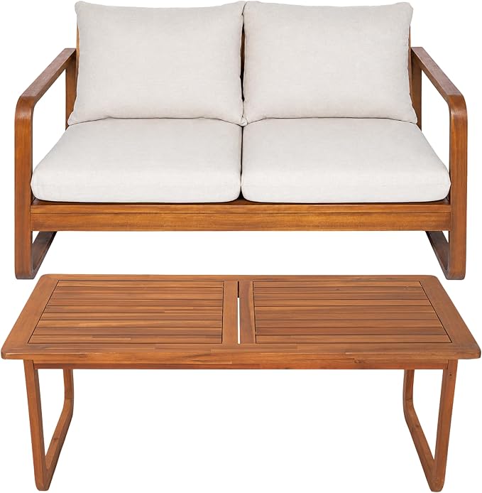 Christopher Knight Home Myra Acacia Wood 5 Piece Outdoor Patio Furniture Set, Wooden Patio Conversation Set with Sofa Loveseat Club Chairs & Coffee Table, 7-Seater Patio Sofas and Table Set,Teak+Beige