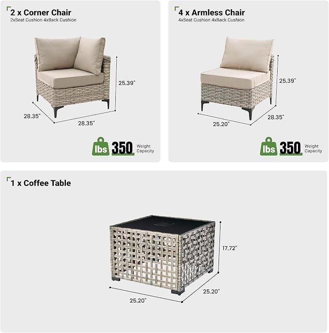 ovios 7 Piece Outdoor Patio Furniture with Glowing Coffee Table, Rattan Wicker Conversation Set with Sofa, Sectional Single Chairs for Outside Porch Balcony Backyard Pool,Beige