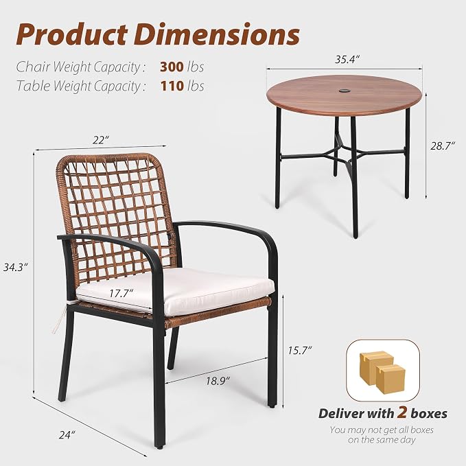 5 Pieces Patio Dining Set, Outdoor Dining Set with Handwoven Wicker Chairs & Wood Grain Table, Patio Table and Chairs Set with Cushions, Outdoor Table and Chairs for Garden