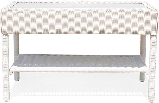 Park Meadow Outdoor Wicker Coffee Table All-Weather HDPE Rattan Patio Furniture w/Double Shelves & Grey HIPS Top, Off White