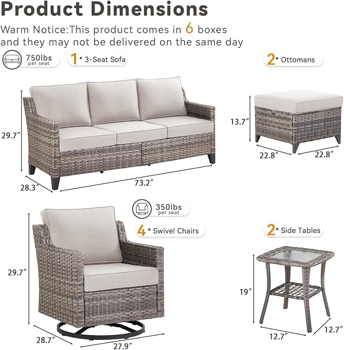 Outdoor Patio Furniture Set-9 Pieces All-Weather Wicker Outdoor Furniture with Swivel Patio Chairs Outdoor Patio Conversation Sets for Garden Porch Deck Grey/Beige