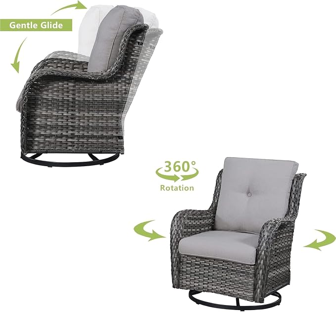 HUMMUH 3-Piece Swivel Rocking Rattan Chair Outdoor, Patio Bistro Furniture Conversation Set with Cover, Cushioned Wicker Chair with Glass Coffee Table(Grey, Grey)