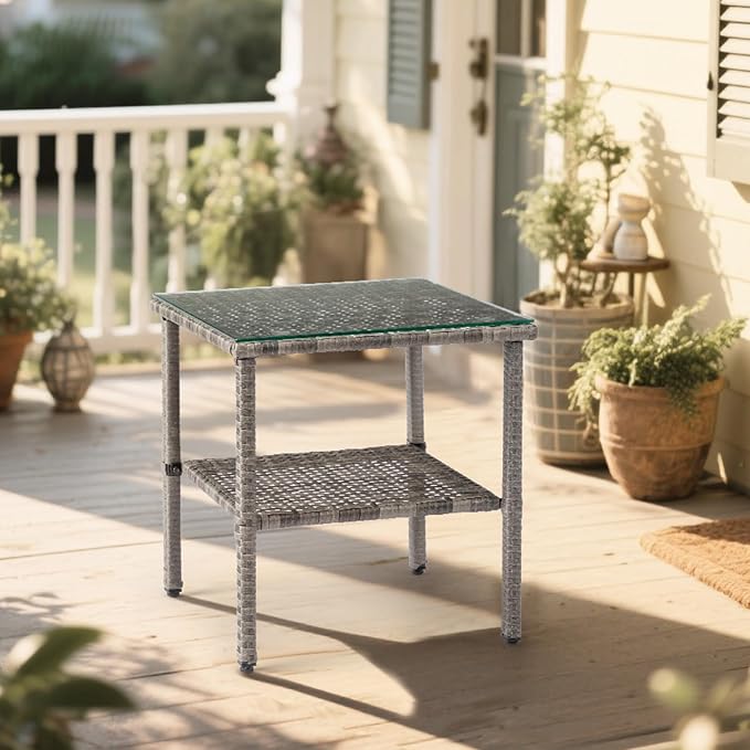 Outdoor PE Wicker Side Table with Storage, Patio Rattan End Table Square Glass Top Table for Furniture Gardening Tools