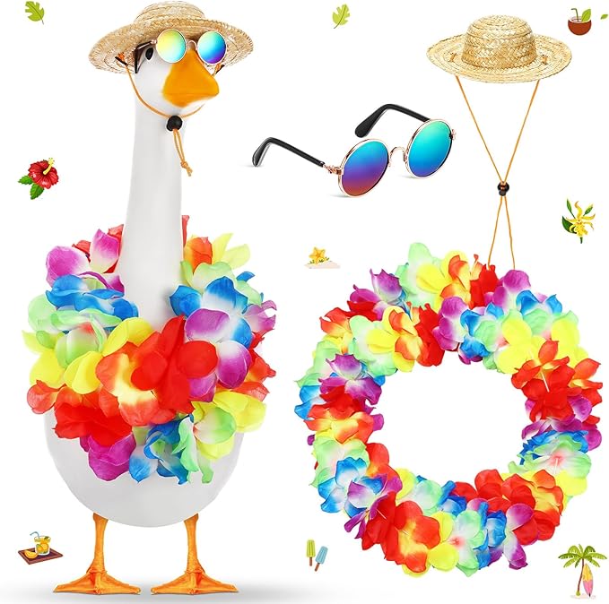 Shyyween Summer Porch Goose Outfits for Plastic Goose 23/17'' Hawaiian Lawn Patio Statue Clothes Straw Hat and Hawaiian Lei Costume(Colorful)