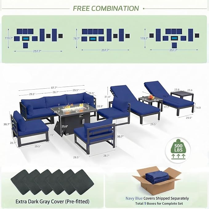 RADIATA 11 Piece Large Modern Aluminum Patio Furniture Set, Fade Resistant Modular Outdoor Conversation Set with Lounge & Fire Pit Table, 500 lbs Durable Modular Sectional Sofa for Garden, Navy Blue