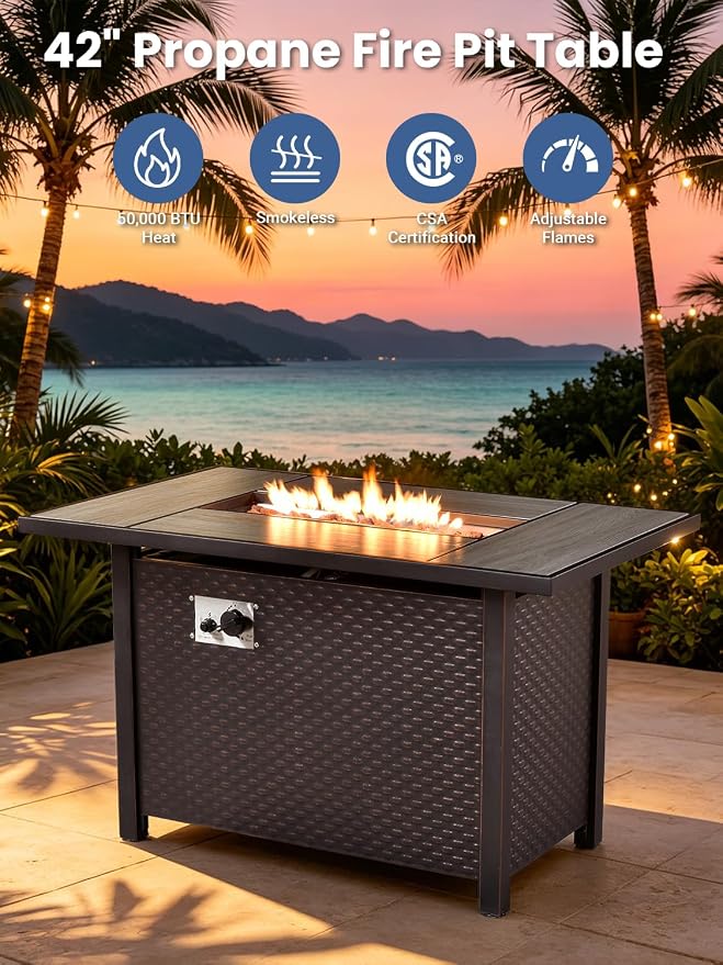 9-Piece Outdoor Patio Furniture Set with Fire Pit Table, Outdoor Conversation Wicker Sofa with Swivel Chairs, Rattan Couch with Coffee Table for Deck, Backyard, Poolside (Light Grey)