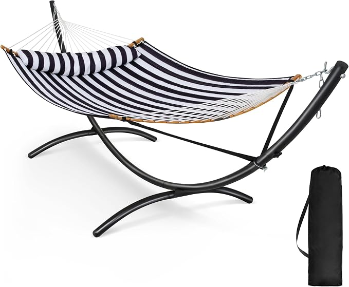 SUNCREAT Hammocks for Outside with Stand, Porch Hammock and Stand, 475 lbs Capacity, Patent Pending, Black & White