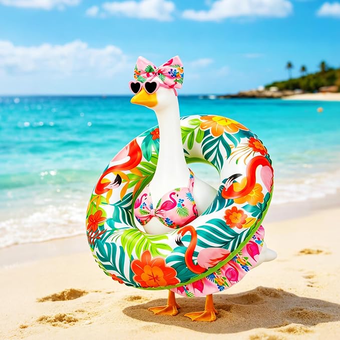 Porch Goose Summer Outfit, 23 Inch Hawaiian Bikini Costume, Accessories Include Bow, Sunglasses & Swim Ring, Fits Cement Goose Statue for Garden Patio Yard Outdoor Decor (Flamingo)