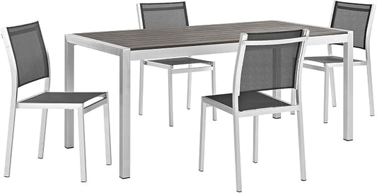 Modway Shore 5-Piece Aluminum Outdoor Patio Dining Table Set in Silver Black