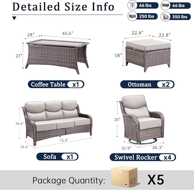 Luxury High Back Outdoor Furniture with 6-Inch Thick Cushions, Patio Furniture Set with Swivel Chairs, 8 PCS Wicker Conversation Set for Porch, Balcony, Deck and Yard