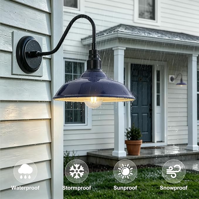 10in Outdoor Barn Light Gooseneck Outdoor Light Fixture, Midnight Blue Exterior Farmhouse Lights, Goose Neck Porch Wall Lighting Sconce for House, Garage, Doorway