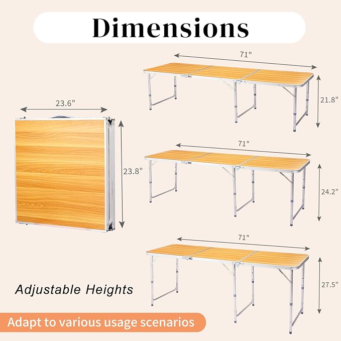 6 Ft Folding Portable Camping Table, Tri-fold Outdoor Picnic Table, Outdoor Camping Kitchen, BBQ, Picnic, Cooking, Beach, Garden, Party (Wood Color)