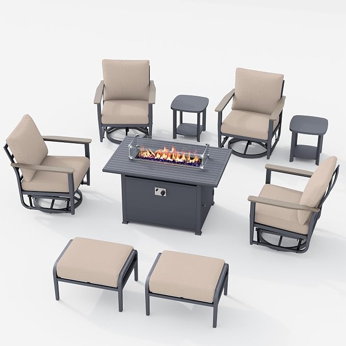 Aluminum Patio Swivel Rocking Chair Outdoor Bistro Set, 9pcs Patio Conversation Set Outdoor Patio Furniture Set with High Backrest & Thickened Cushions for Garden, Deck and Balcony, Sand