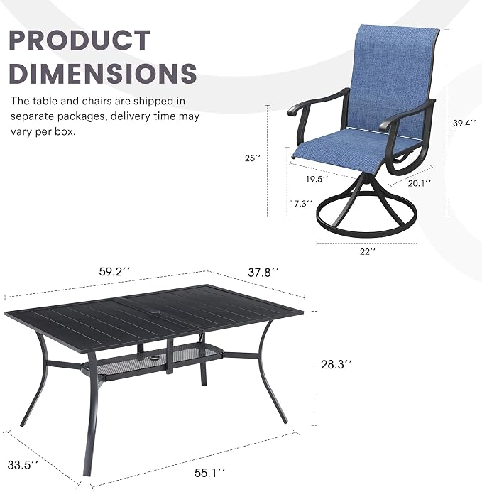 7 Pieces Patio Furniture Dining Set, 6 Textilene Swivel Dining Chairs, 59" Outdoor Rectangular Metal Table with 1.57" Umbrella Hole, Outdoor Dining Set for Porch, Lawn, Garden, Black/Blue