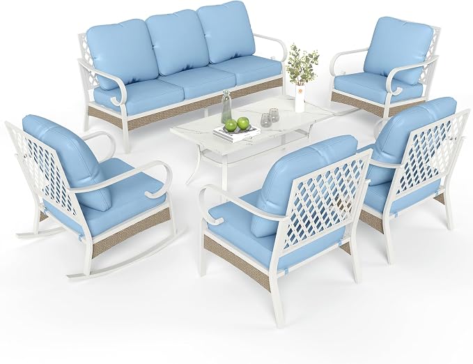 MIXPATIO 6 Piece Patio Furniture Set, 2 x Fixed Chair, 2 x Rocking Chair, 1 x 3-Seat Sofa with Marbling Coffee Table, All Cushioned 7 Seats Outdoor Conversation Set for Lawn Garden Backyard, Blue