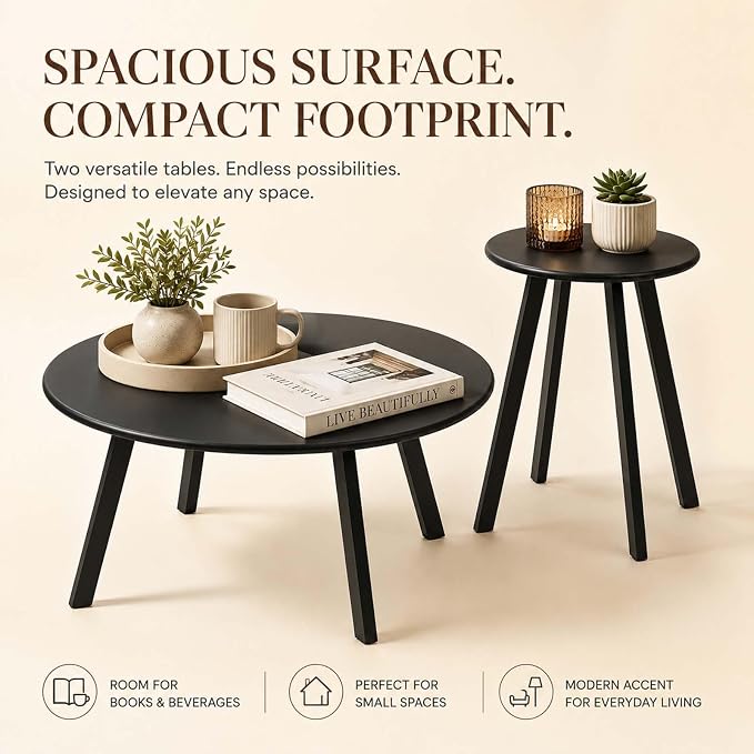 HRVEOCEI Black Round Nesting Coffee Table Set of 2, 2 PCS Small Outdoor Nesting Tables with LED Light for Living Room, Metal Side Table Set for Balcony Patio (70 Inch)