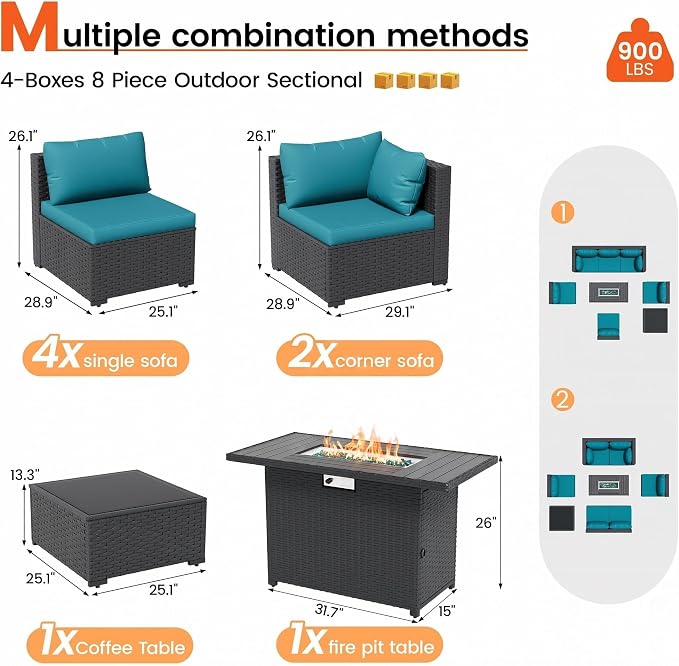 8 Piece Patio Furniture Set with 43" Fire Pit Table, Outdoor Sectional Wicker Rattan Sofa Set with Coffee Table (Peacock Blue/Black)
