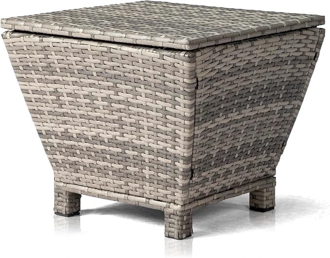 Outdoor Storage Side Table with Lid – PE Wicker Patio Table, 13-Gallon Square Bin for Hose, Cushions – All-Weather Rattan Deck Furniture (Grey)