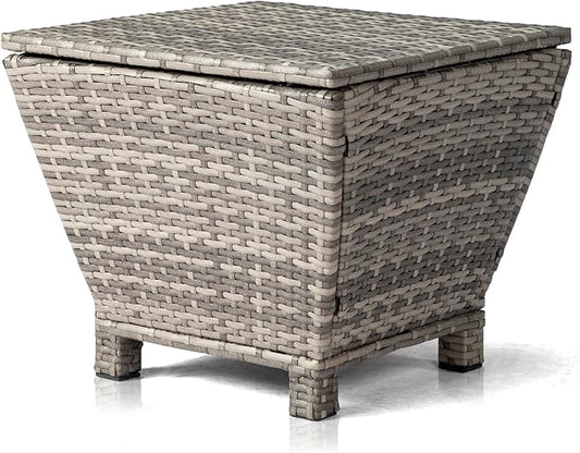Outdoor Storage Side Table with Lid – PE Wicker Patio Table, 13-Gallon Square Bin for Hose, Cushions – All-Weather Rattan Deck Furniture (Grey)