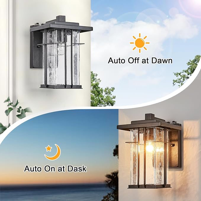 Dusk to Dawn Outdoor Wall Light 2 Pack Outside Wall Lamp Sensor Exterior Light Fixtures Wall Mount 10"H Garage Light Outdoor IP65 Porch Light with Seeded Glass Exterior Wall Sconces for House Patio