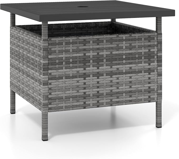 LDAILY Patio Table Umbrella, Outdoor Table with Umbrella Hole, Rattan Patio Side Table with Steel Umbrella Hole, HDPE Desktop & Metal Frame for Deck Garden Poolside Backyard Balcony (Mix Gray)